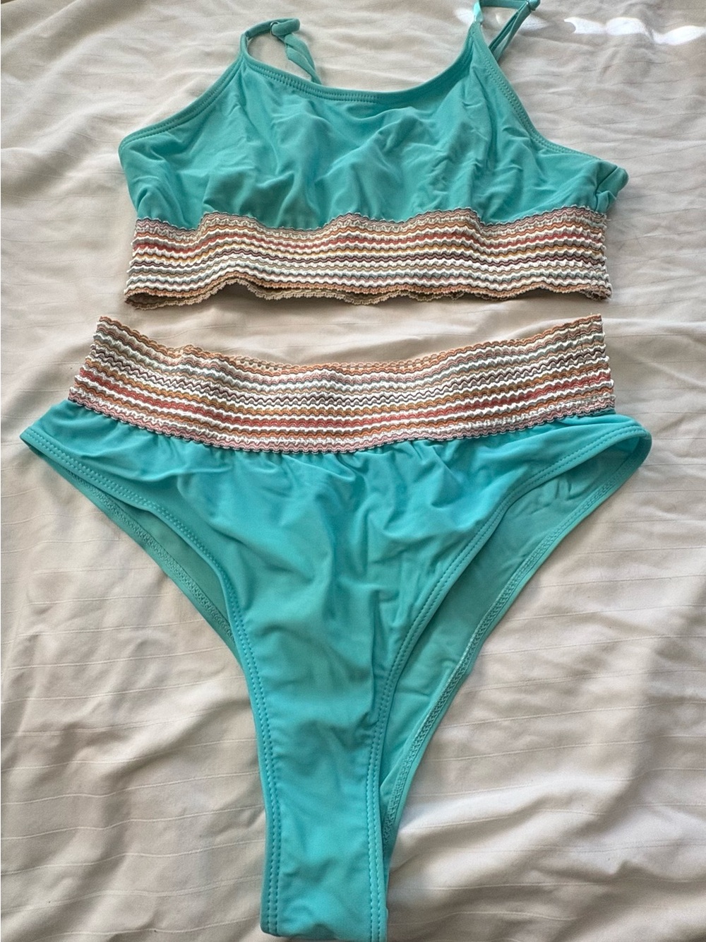 Women's Turquoise Bikini Set with Textured Multicolor Waistband